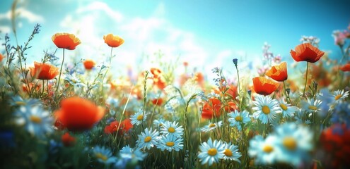 Obraz premium Colorful wildflower meadow with poppies and daisies under a bright sky