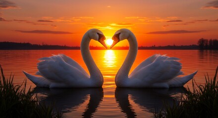 Fototapeta premium Romantic Swan Sunset Heart Shaped Love at Golden Hour