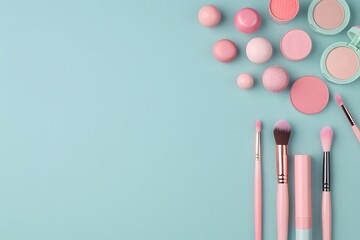 Naklejka premium Assorted pink beauty products and makeup brushes on pastel blue background Flat lay composition Skincare and beauty concept