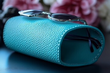 Naklejka premium Chic turquoise leather sunglass case with a hard shell and vibrant color, protecting eyewear in style.
