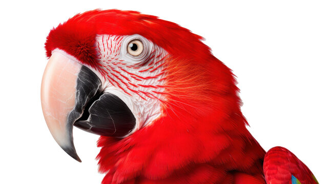 This parrot displays brilliant red and blue plumage with a striking white beak and sharp eyes. The isolated background enhances its vivid colors and expressive features, highlighting its beauty
