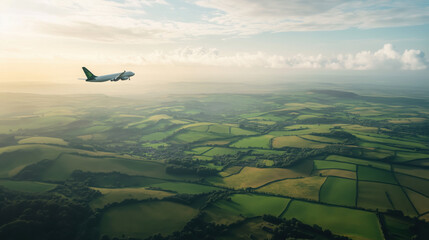 Naklejka premium Airliner Flying Smoothly Above a Vast Green Landscape with Farmland and Rolling Hills Visible Below Under a Clear Sky