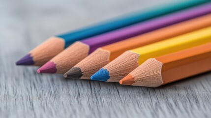 Fototapeta premium A set of neatly arranged colored pencils on a wooden surface, showcasing rich, vibrant hues, perfect for creativity and artistic inspiration.