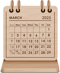 Illustration vector of March 2025 WOODEN and cardboard desktop Calendar