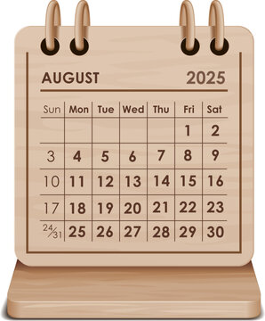 Illustration vector of August 2025 WOODEN and cardboard desktop Calendar