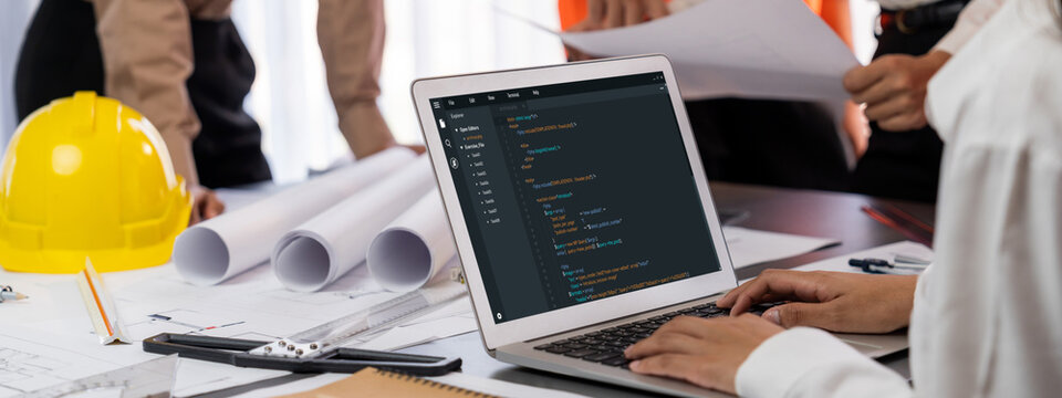 Software development programming on computer screen for brisk application and program coding