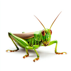 A vibrant green grasshopper with large, expressive eyes, showcasing intricate patterns and textures on its body, demonstrating nature's beauty and diversity in the insect world.