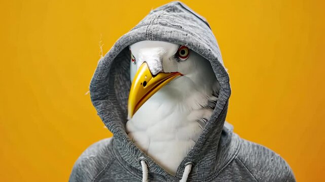 Seagull with a elegant gray hoody on a solid studio yellow color background. Copy space for text. Cute cool gull dressed fashion clothes, hood at head. Humor, summer. Funny animal creative concept