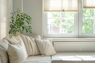 Fototapeta premium Modern living room with white sofa and pillows, interior design concept, Ai Generated