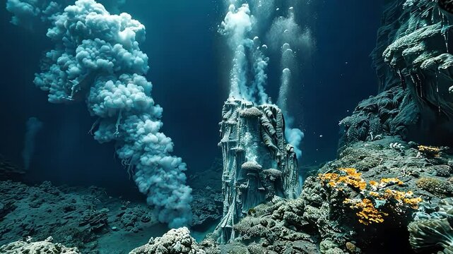 Underwater hydrothermal vent volcanic vents releasing bubbles and minerals in ocean.