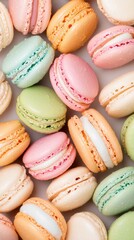 Delicate homemade macarons showcase elegant dessert display shallow focus presentation pastel colors sweet treats