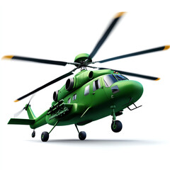 Fototapeta premium A vibrant green military helicopter showcasing its detailed rotor blades and aerodynamic design. Perfect for concepts related to aviation, military, and technology.