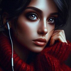 Girl red wool sweater listening music