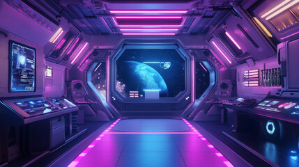 Obraz premium futuristic modern metal sci-fi space neon room with product stand 3d render illustration