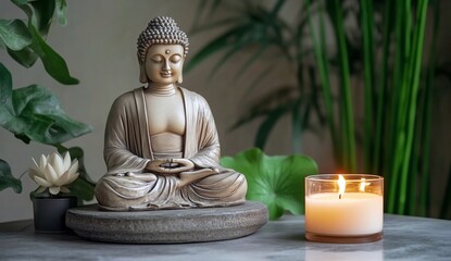 Buddha statue with candle and plant arrangement in tranquil setting