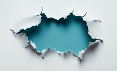 Fototapeta premium Torn paper reveals bright blue background with jagged edges and texture