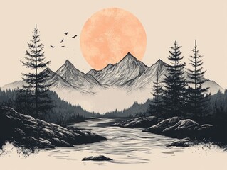 Minimalist line art landscape with mountains, pine trees, a river, and abstract suns, evoking a serene and tranquil atmosphere.