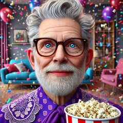 Man with popcorn having party at home