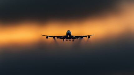 Airplane Flying Through a Cloudy Sky at Dusk with a Blurred Horizon and Warm Sunset Hues Reflecting Off the Plane's Fuselage
