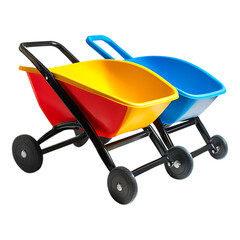 Two plastic toy wheelbarrows, one red and yellow, the other blue, sit ready for garden play isolated on a clean transparent background for retail.