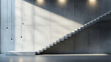 Fototapeta premium empty conrete wall in concrete basement with staircase podium and futuristic lights 3d render illustration