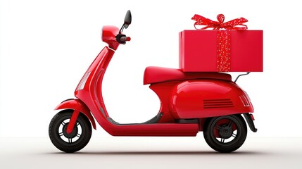 Red scooter delivering gift, white background, holiday