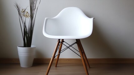 Fototapeta premium Relaxing white chair with stylish wooden legs. It's perfect for reading or enjoying a cup of coffee. The simple design goes well with any room decor.