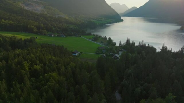 Grundslee - beautiful clean lake - surrounded by mountains - 4K aerial shot 