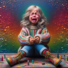 Crying girl with paint in all colors
