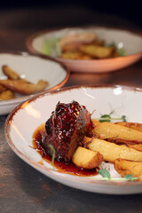 pork kebab on a plate. Juicy delicious food