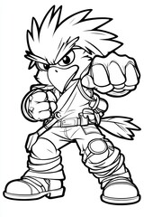 Fototapeta premium Fierce cartoon bird character in a dynamic fighting stance, showcasing strong features and an adventurous spirit.