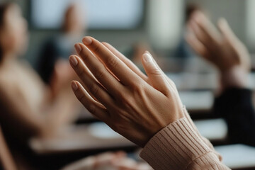 Clapping hands signify appreciation in a professional setting during a conference. Attendees show enthusiasm while a speaker addresses the audience, creating a collaborative atmosphere
