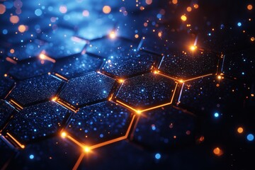 Abstract hexagonal surface design with blue lighting and glowing orange accents
