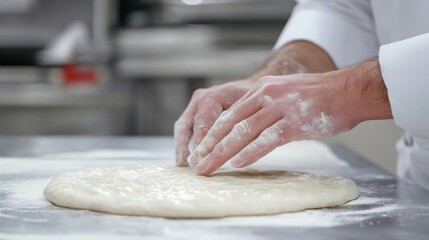 Hands of chef preparing pizza dough on floured surface in restaurant kitchen