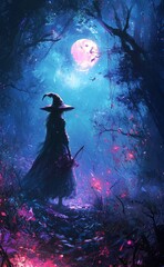 Mysterious witch in a forest casting a spell with a glowing cauldron.
