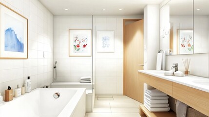 Fototapeta premium Modern bathroom with clean design featuring white tiles and a spacious tub