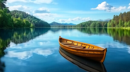 Obraz premium A serene lake with a wooden boat anchored, surrounded by lush green trees and mountains under a clear blue sky.