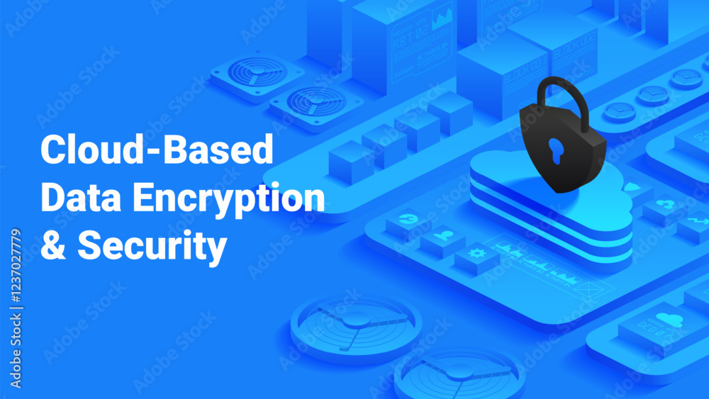 Poster cloud-based data security and encryption. digital cloud with a lock and server components. protect s