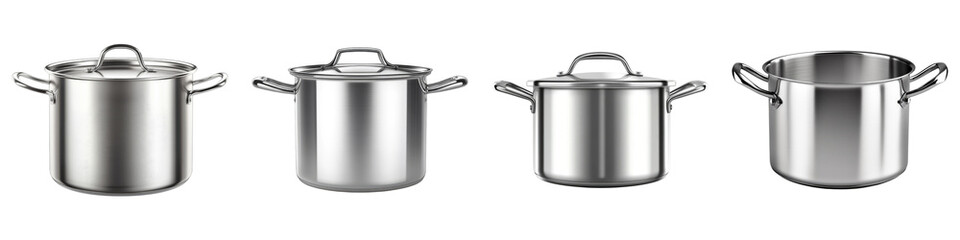 Stainless steel cooking pot isolated on transparent background, PNG, Set of