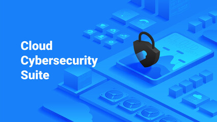Cloud data security isometric vector illustration. Lock symbol on a tablet, server components, and cloud icons. Digital security and cloud technology integration. Ideal for cybersecurity services