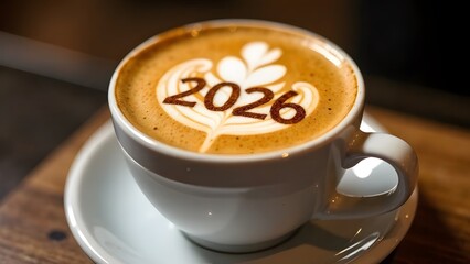 Fototapeta premium Aromatic cup of coffee with foam and numbers 2026