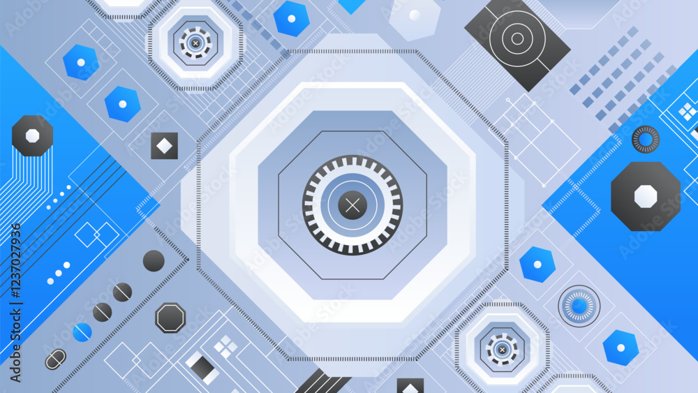 Poster tech geometric background. abstract background with geometric shapes and circuit patterns in blue-gr