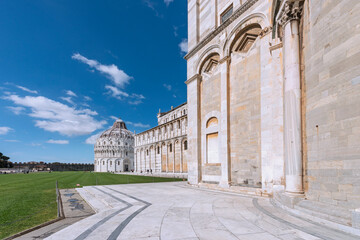 Facade Detail of The Pisa Cathedral, a masterpiece of Romanesque architectural style, built between...