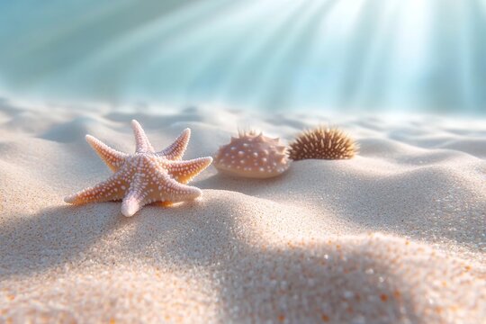 Golden sunlight filters through the surface, casting a serene glow on a sandy seafloor where vibrant starfish and spiky sea urchins rest, creating a tranquil underwater landscape