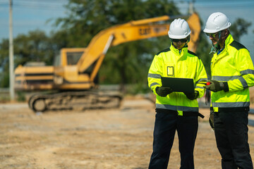 Two engineers in high-visibility jackets and helmets reviewing plans on a laptop at a construction site with an excavator in the background, representing safety, precision, and technological planning.