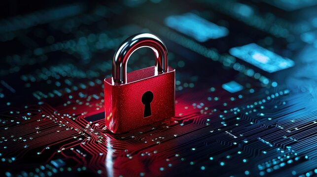 Red padlock icon symbolizes digital security on circuit board