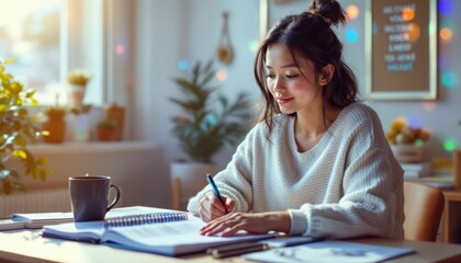 Focused young woman writing in her notebook amidst a softly lit room with potted plants