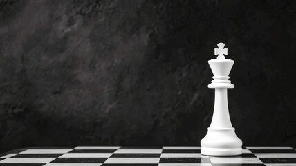 A solitary white king chess piece stands on a classic black and white board, exuding a sense of strategy and focus against a dark backdrop.