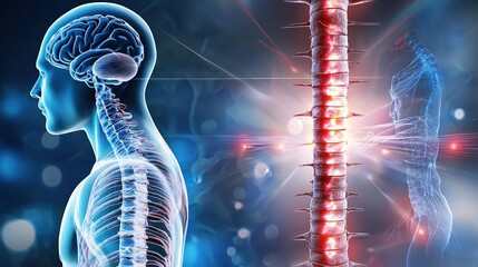 Human spinal cord and brain highlighted in detailed medical illustration