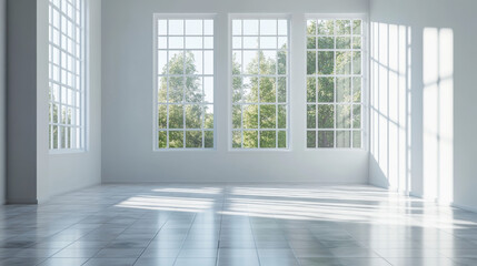 Fototapeta premium Empty room with large window and tiled floor 3d render illustration. 3D Illustration